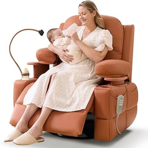MAMAZING Lullapod Pro Oversized Rocking Chair Nursery with Adjustable Armrests, Electric Glider Nursing Chair for Breastfeeding, Power Swivel Recliner Chairs, Oeko-TEX & FSC Certified(Honey Brown)