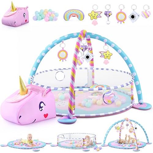Baby Play Mat & Activity Mat - Baby Play Gym Tummy Time Mat with 6 Detachable Sensory Toys for Motor Skills Development, Newborn Baby Toys 0-6-12 Months Essentials Gift Playmats