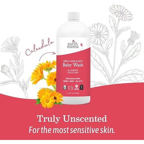 Earth Mama Simply Non-Scents Baby Wash Liquid Hand Soap Refill, Organic Body Wash for Sensitive Skin, All Purpose Castile Soap Liquid with Coconut Oil, Shea Butter, Calendula & Aloe, 34 fl oz