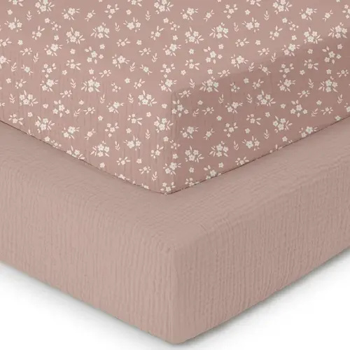 Muslin Crib Sheets–100% Organic Cotton Baby Sheets for Boys & Girls,2 Pack Muslin Mini Crib Sheets for Toddler Mattress,Breathable Crib Mattress Sheets 28''x52''(Flower)
