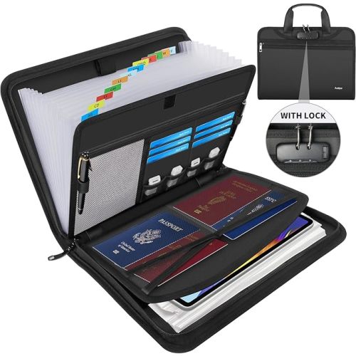 Andyer Fireproof Accordion File Organizer with Lock, Important Document Organizer Holder with Handle, 13 Pockets Expanding File Folder Binder, Portable Document Folder Storage for Business Travel