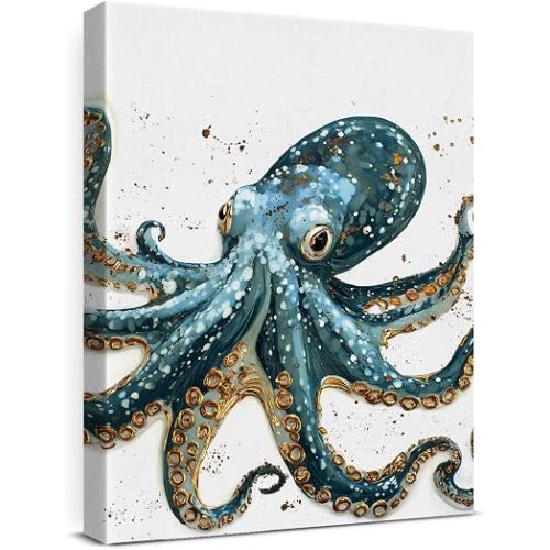 Nautical Octopus Canvas Wall Art Octopus Ocean Theme Print Poster Coastal Framed Picture Painting for Home Beach House Bedroom Wall Decor 11x15 Inch