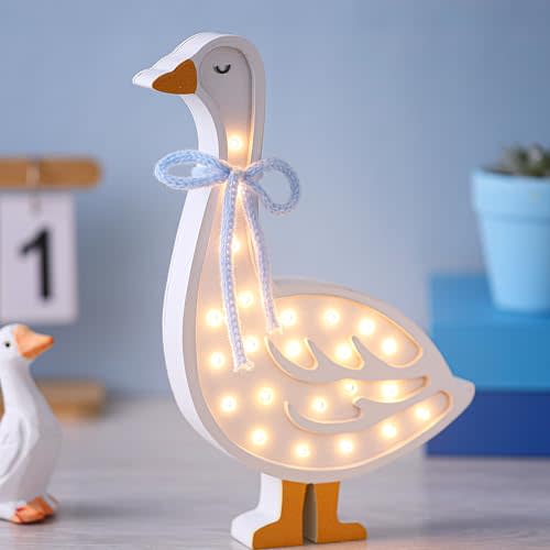 Rustic Silly Goose Night Light Blue Bow Wooden Silly Goose Table Lamp Battery Powered Gooses Night Light for Baby Shower Baby Kids Gift Bedroom Nursery Decor