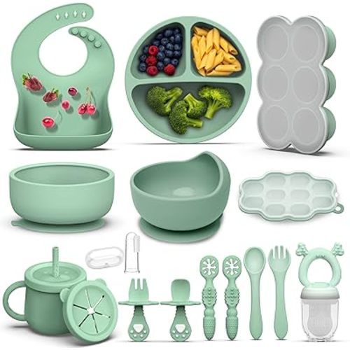 16 Pack Silicone Baby Feeding Set, BPA-Free Baby LED Weaning Supplies, Include Suction Plates, Baby Bowls, Silicone Fork & Spoon, First Stage Baby Food Eating Utensils - 6+ Months (Dark Green, 16)