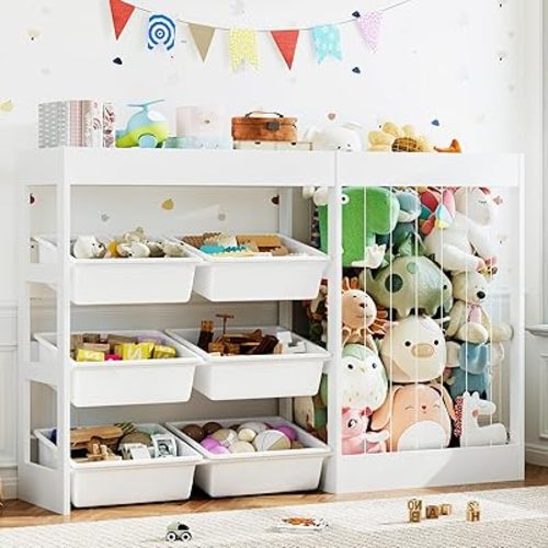 50.6" W Toy Storage, 3-in-1 Large Kids Toy Organizers and Storage with Stuffed Animal Zoo, 6 Removable Plastic Bins, Wooden Toddler Cabinet for Girls Boys Playroom, Nursery, Home Decor(White)