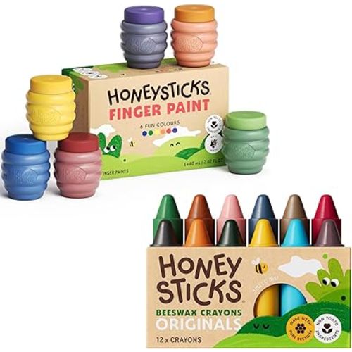 Honeysticks Non Toxic Finger Paint (6 Bright Colors) and 100% Pure Beeswax Crayons (12 Pack), Perfect Gifting for Toddlers and Children, Non Toxic, Natural - Made with Care in New Zealand