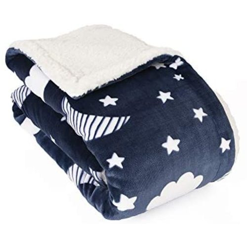 Life Comfort Ultimate Sherpa Baby Blanket, Fluffy Navy Blue Moon Stars Blanket for Baby Girl or Boy, Soft Warm Cozy Toddler, Infant or Newborn Blanket for Crib, Stroller, Travel, Nursery