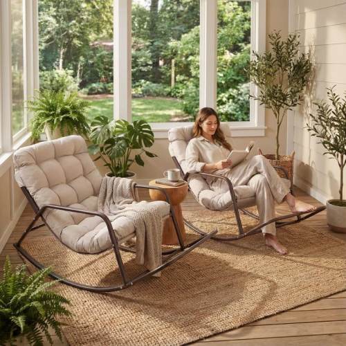 Oversized Papasan Rocking Lounge Chair with Footrest, Heavy-Duty 420lbs Metal Frame, Indoor Outdoor Patio Rocker with Cushion