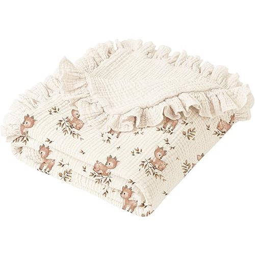 Konssy Flounce Muslin Baby Blankets, Cotton Crib Blanket for Baby Infant Toddler, Super Soft and Lightweight Nursery Blankets 40"x36" (Deer)