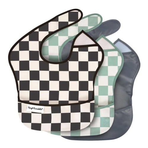 Tiny Twinkle Mess-Proof Easy Bib - Set of 3 - Black + Sage Checkers