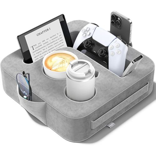 Couch Cup Holder Pillow, Sofa and Bed Caddy for iPad, Kindle, Switch, Game Controller, Remotes, Phones, Small-Sized Cup & Drink Holder for Couch, Bed, Desk, Car, Beach, Bathroom Cup Holder