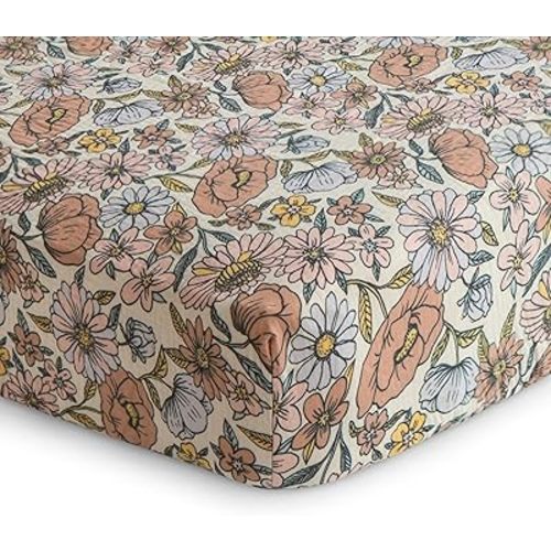mushie Extra Soft Muslin Fitted Crib Sheet | 192 Thread Count | 28"x 52" (Retro Flowers)
