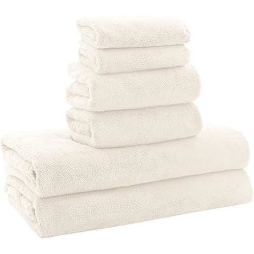 MOONQUEEN Ultra Soft Towel Set-Quick Drying - 2 Bath Towels 2 Hand Towels 2 Washcloths-Microfiber Coral Velvet Highly Absorbent Towel for Bath Fitness,Bathroom,Sports,Yoga, Travel(Cream, 6 Pcs)