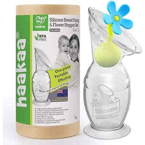 Haakaa Silicone Breast Pump with Suction Base and Flower Stopper 100% Food Grade Silicone BPA PVC and Phthalate Free (4oz/100ml) (Blue)