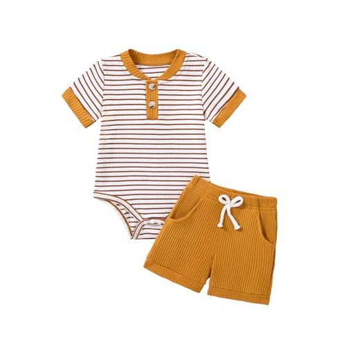 Baby Boy Clothes Short Sleeve Striped Romper Solid Short Set Ribbed Knitted Summer Outfit