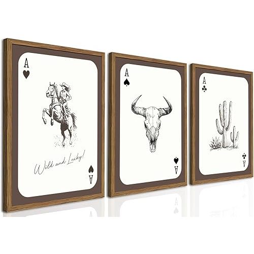 Western Cowboy Wall Art Set of 3, Vintage Cowgirl Rodeo Decor Painting, Southwestern Rustic Aesthetic Artwork Canvas Prints for Living Room Bedroom Farmhouse 16x24 inch Wood Framed