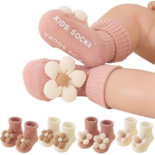 4Pairs Toddler Non Slip Socks with Grips Flower Anti Skid Crew Infants Baby Boy Girl Socks