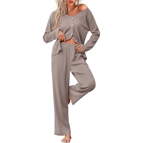 Ekouaer Womens Waffle Knit Pajamas Loungewear Two-piece Sleepwear Button-Down Pj Set with Pockets