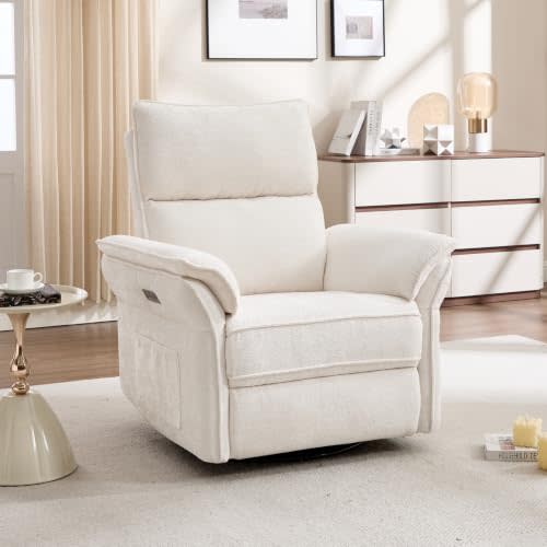 Oversized Power Recliner Chair Swivel Glider with Massage and Heat, Rocker Nursery Recliner for Adults with Adjustable Headrest, 24" Extra Wide Nursery Chair with Overstuffed Armrest,White
