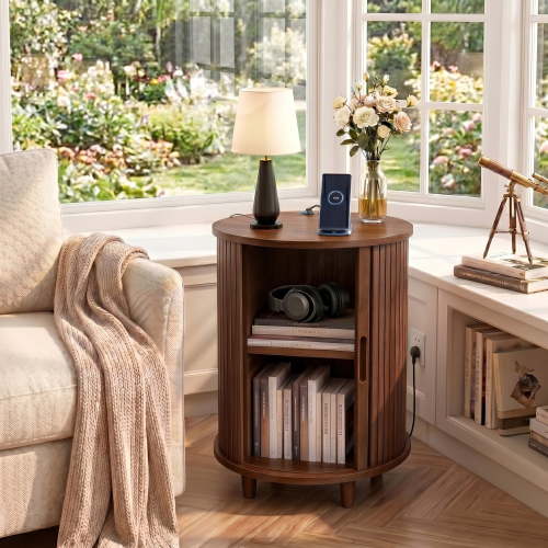 Aisword Round End Table with Charging Station, Fluted Accent Side Table with Sliding Door and Adjustable Shelf, Nightstand for Small Space, Walnut