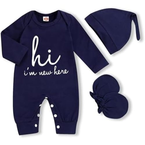 GRNSHTS Newborn Baby Boy Romper Coming Home Outfits Letter Print Bodysuit Jumpsuit+Hat+Gloves 3PCS Clothes Set