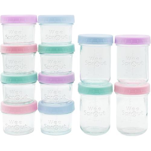 WeeSprout Baby Food Storage Glass Jars w/Lids (4/8 oz, 12 Pack) Pastel Variety, Snack, Reusable Small Containers, Fridge or Freezer, Microwave & Dishwasher Safe, Essentials for Infants