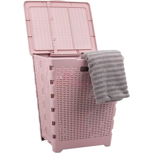 Mind Reader 61L Foldable Laundry Hamper, Clothes Basket, Lid, Wicker Design, Plastic, 18"L x 14.5"W x 21.25"H, Pink