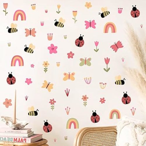 Cute Nursery Wall Stickers Girl Wall Decals Cartoon Bee Bug Butterfly Insect Decals Boho Flower Rainbow Kids Wall Stickers for Girls Room Kids Nursery Bedroom Playroom Decor