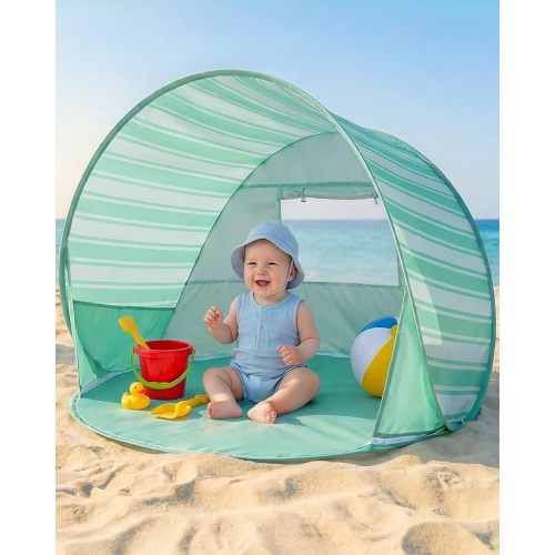 Pop Up Baby Beach Tent - Baby Tent for Toddler Beach Essentials with UPF 50+ UV Protection Canopy, Portable 41.4 x 35.5 x 31.5 in Sun Shade Summer Outdoor for Infants (Green Stripes)