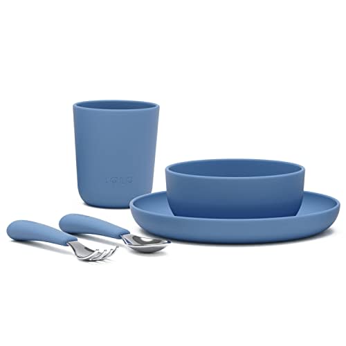 Lalo Big Bites Starter Kit, 5-Piece Silicone Kids Dinnerware Set | Kids Tableware Set, Includes Silicone Plate, Bowl, Utensils and Cup, Non-Toxic, BPA-Free, Dishwasher Safe, Blueberry
