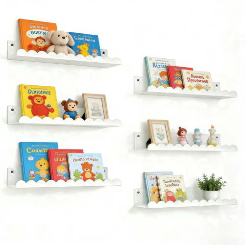 6-Piece White Nursery Book Shelves, Metal Floating Shelves for Wall, 16 Inch Scalloped Book Shelf for Kids Room, Bathroom, Bedroom, Playroom Wall Decor(6 Count)