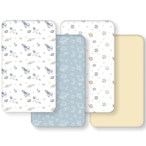 Baby Crib Sheets for Boys and Girls, Toddler Bed Sheets Fitted for 52”x28” Standard Crib and Toddler Mattresses, 4 Pack Soft Stretchy Microfiber Blue Space Astronaut