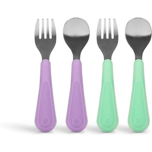 Ubbi Stainless Steel Utensil Set, Includes 2 Forks & 2 Spoons, Smoothie Purple & Sugar Snap Green