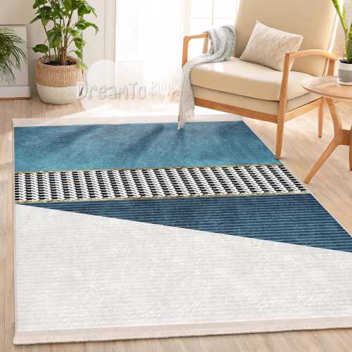 Modern Geometric Blue Teal Abstract Area Rug-Striped Black White Gold Accent-Turquoise Minimalist Home Decor-Navy Diagonal Mat