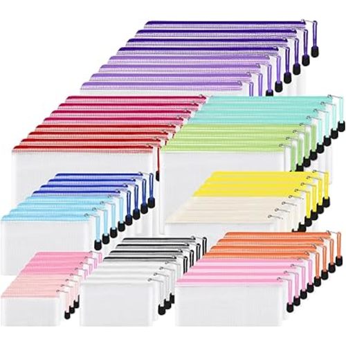 EOOUT 64pcs Mesh Zipper Pouch Bags, 8 Sizes Plastic Bags, 15 Colors Waterproof Pouches with Slide Fastener for Organization, Multipurpose for Travel, School Supplies, Office and Home Organization