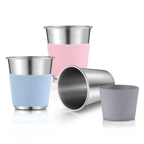 Vesteel 3 Pack Stainless Steel Kid Cups, 8oz Stackable Metal Cups with Silicone Sleeves, Unbreakable Pint Cup Tumblers for Children & Toddlers, Blue/Pink/Grey