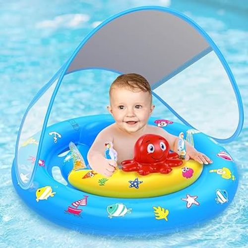 Baby Pool Float with Canopy, Inflatable Baby Swim Float with UPF50+ Sun Protection, Toddler Infant Pool Float with Toy Play Console Adjustable Safety Seat for Kids Girls Boys Aged 6-36 Months