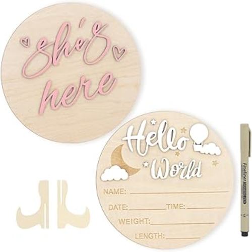2PCS Hello World Newborn Sign and she's here, Gender Reveal Welcome baby Announcement Sign Board Wooden Birth Name Announcement Plaque and Pen for Baby Shower Photo Props Hospital Nursery