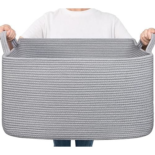 Goodpick Large Toy Basket for Blankets, Baby Laundry Basket, Storage Baskets for Organizing, Laundry Hamper for Dirty Clothes, Towel, Woven Rope Storage Baskets, 21.6" x 14.9" x 11.8", Gray