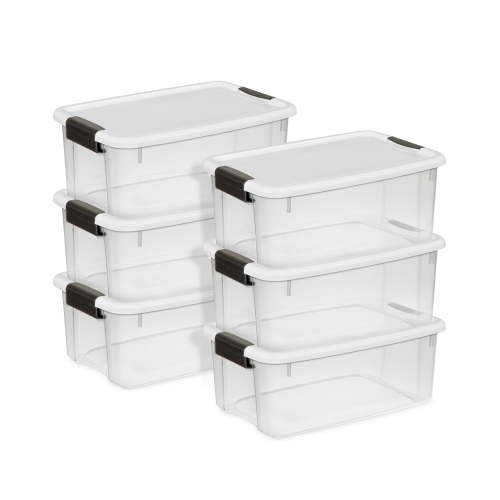 Sterilite 18 Quart Clear Plastic Storage Bin with White Latch Lid, 6 Pack