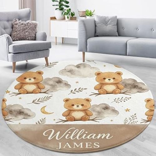 Custom Carpet Name Gift Watercolor Vintage Soft Bear Carpet Round Bedroom Area Rug Floor Mat for Boys Girls Babies with Names Nursery Bedroom Living Room Decor