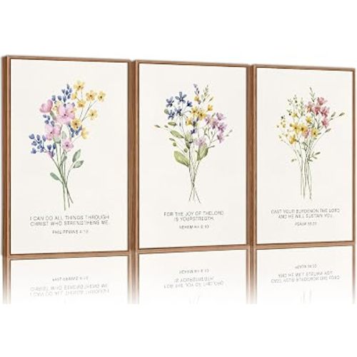 KYLESONLIE Christian Scripture Floral Framed Canvas Wall Art Set, Wildflower Bible Verse Posters Wall Decor, Religious Faith Art Paintings for Living Room Bedroom Dining Room Office Church 16"x24"x3