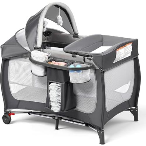 Kinder King 4 in 1 Portable Pack and Play, Baby Playard w/Bassinet, Grey