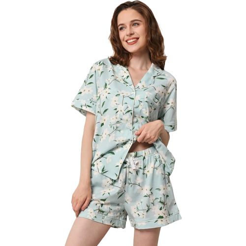 100% Cotton Pajamas for Women Sets 2 Pieces Pjs Button short sleeves with Pockets Soft Sleepwear Loungewear XS-XXL