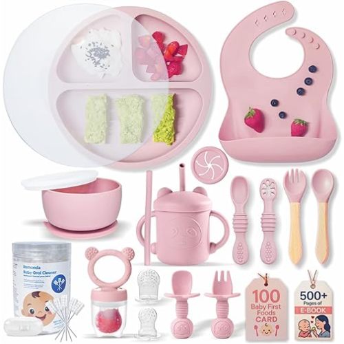 Remonda 23-Piece BPA-Free Silicone Baby Feeding Set | Extra Large Suction Plates, Toddler Bowls, Self Feeding Spoons, and More | Dishwasher Safe| Baby Led Weaning Supplies (Pink)