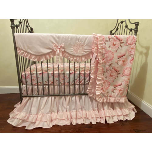 Pale Pink and Floral Girl Crib Bedding, Crib Rail Cover, Floral Sheet, - Just Baby Designs