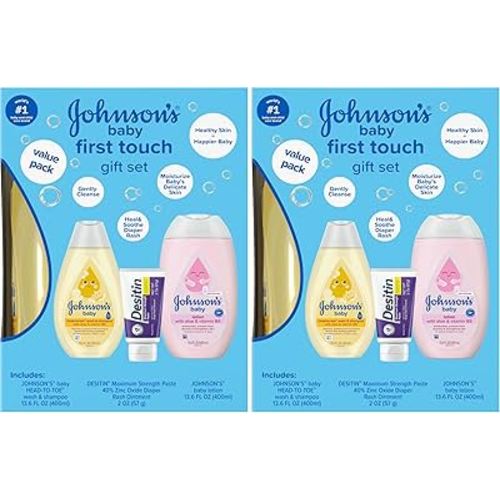 Johnson's First Touch Baby Gift Set, Baby Bath, Skin & Hair Essential Products, Kit for New Parents with Wash & Shampoo, Lotion, & Diaper Rash Cream, Hypoallergenic & Paraben-Free, 4 items (Pack of 2)