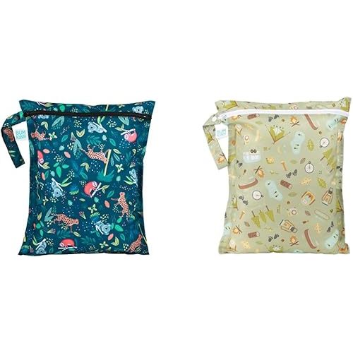 Bumkins Waterproof Wet Bags | Washable, Reusable for Travel, Beach, Pool, Stroller, Diapers, Gym Clothes, Swimsuits, Toiletries (12x14) - Jungle Black + Camp Gear