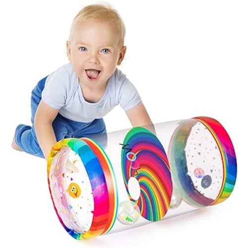 Hoovy Infant Crawling Toys for Babies 6-12 Months | Beginner Crawl Along Baby Roller & Drop Maze Tummy Time Activity Center (Rainbow Swirls)