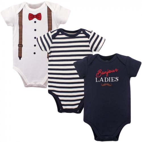 Hudson Baby Infant Boy Cotton Bodysuits 3pk, Bonjour, 6-9 Months